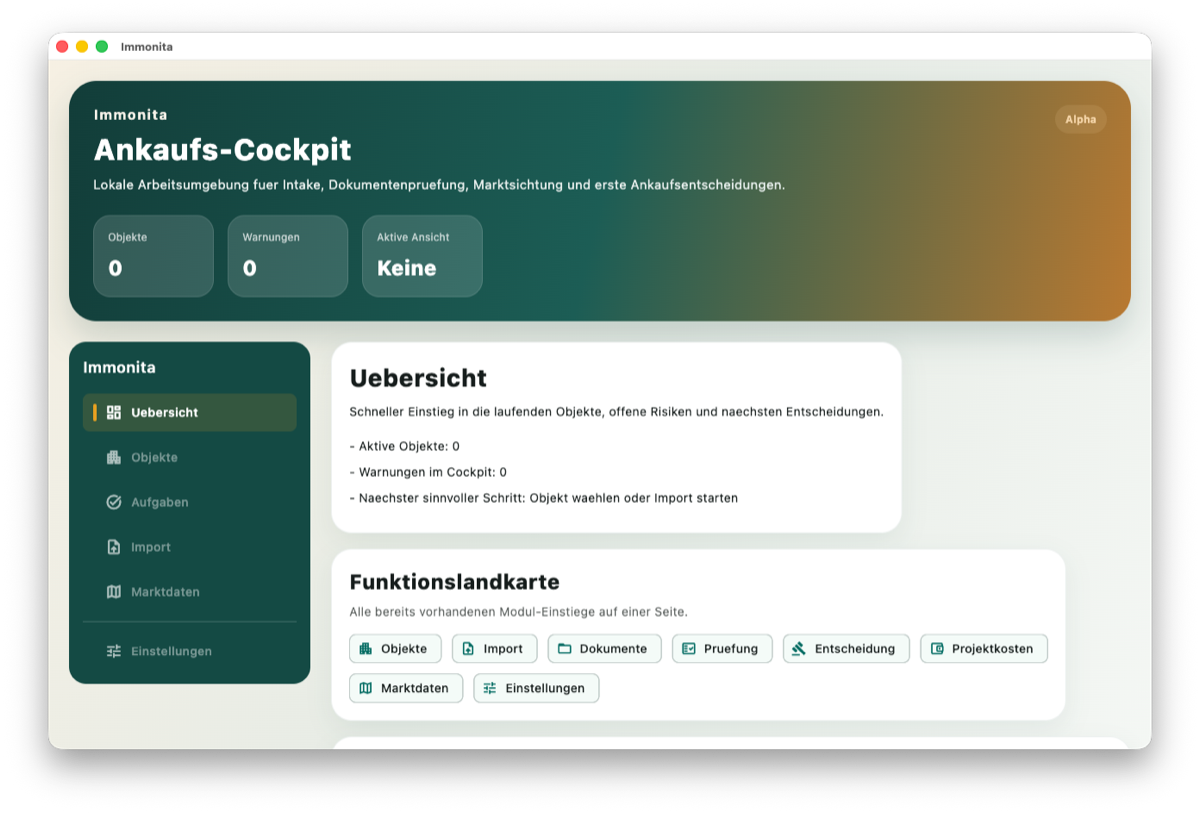 Immonita — Ankaufs-Cockpit: Objekte, Import, Dokumentenprüfung, Marktdaten und erste Ankaufsentscheidungen